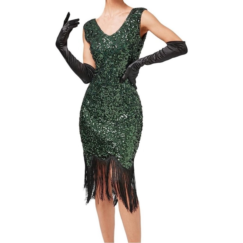 Sequin Fringed Beaded Flapper Gatsby Cocktail Dress Green Party Women's M.